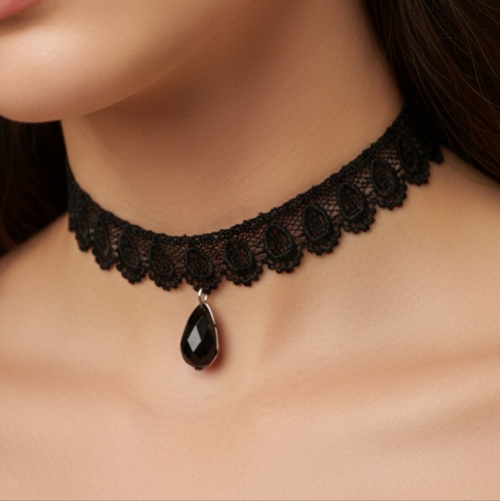 🖤 Elegant Black Lace Choker Necklace With Dangle Drop Bead New
